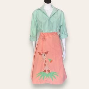 Vtg 70s Giraffe patch work appliqué pink and green wrap skirt small